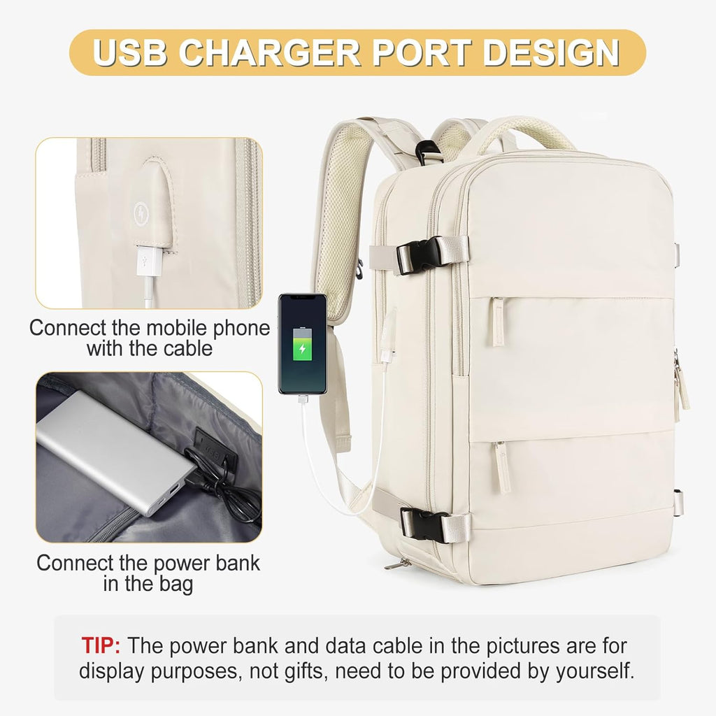Skiennix Beige Large Travel Backpack - Airline Approved Waterproof Carry-On Bag for Men & Women