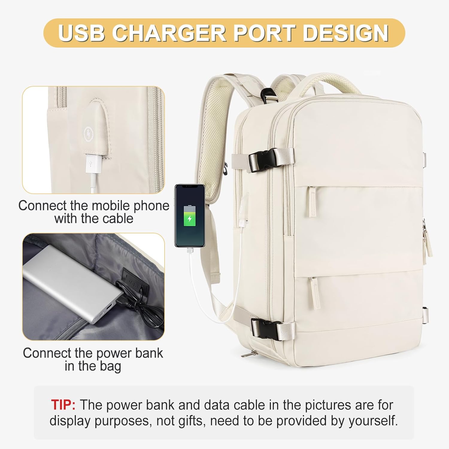 Skiennix Beige Large Travel Backpack - Airline Approved Waterproof Carry-On Bag for Men & Women