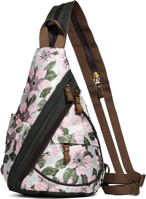 KL928 Canvas Sling Bag - Stylish Crossbody Backpack for Men & Women | Embroidered Pink Design