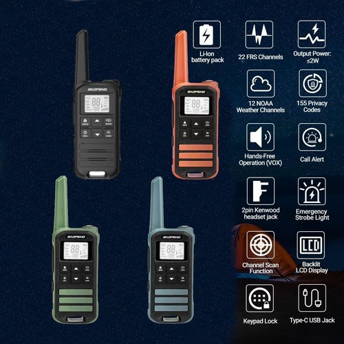BAOFENG FR-22A Walkie Talkies for Adults Long Rang NOAA Weather Alerts, Rechargeable Walkie Talkies 2 Way Radio 22 FRS Channel USB-C Cable Outdoor Cruises Camping, 4 Pack