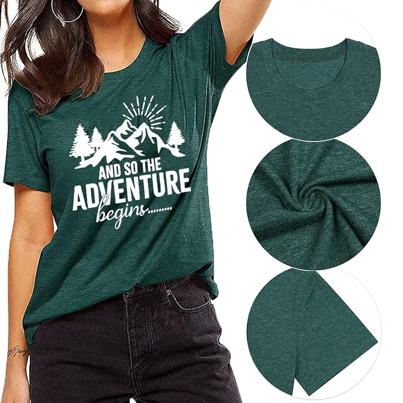 Women’s Mountain Adventure Begins Graphic Tee – Camping Hiking Shirt, Green, Large