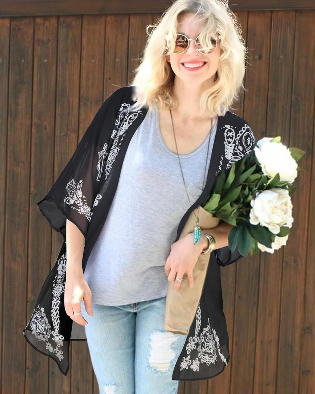 Skiennix Women's Floral Print Kimono Cardigan - Loose Casual Cover-Up Blouse Top
