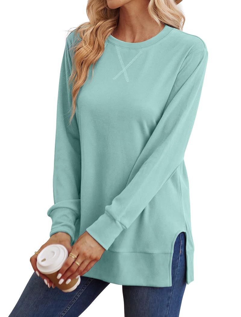 Saloogoe Blue-Green X-Large Sweatshirt for Women with Side Split Hem