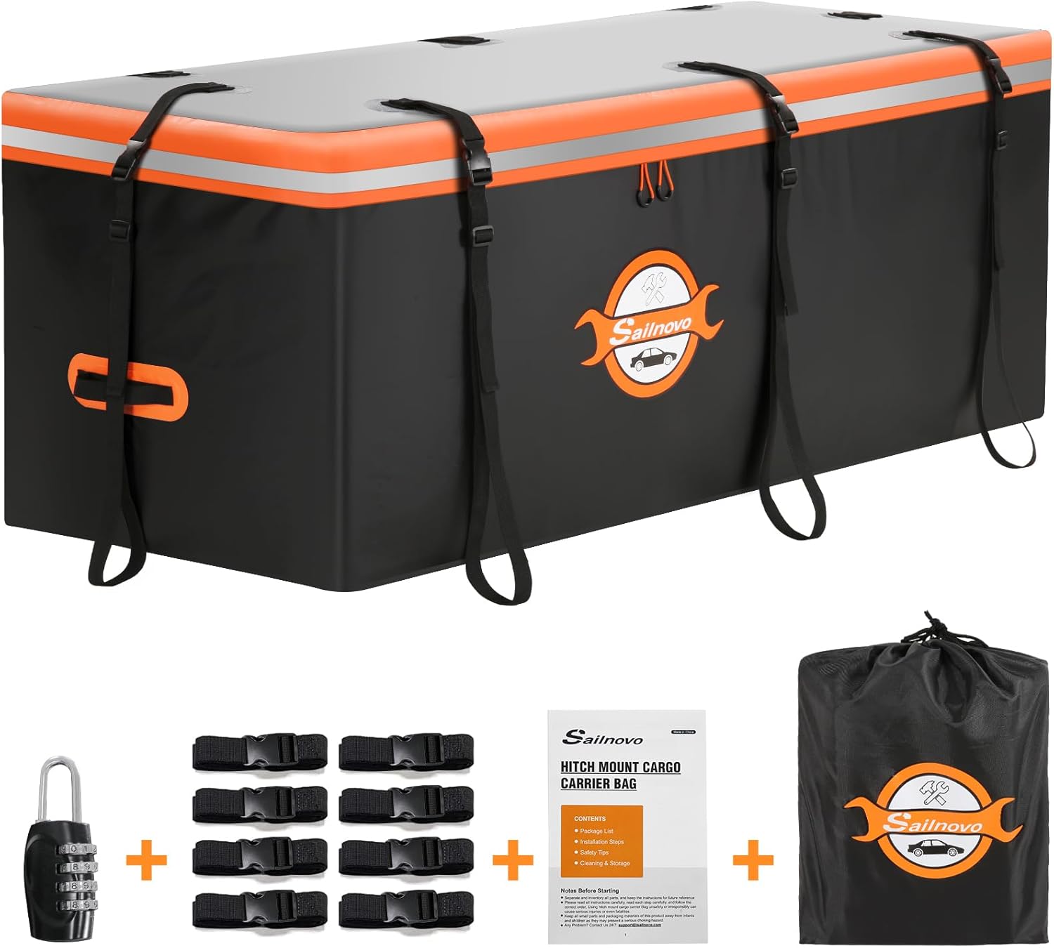 Sailnovo Waterproof Hitch Cargo Carrier Bag - 20 Cubic Feet Soft Shell Storage with 8 Straps & Lock