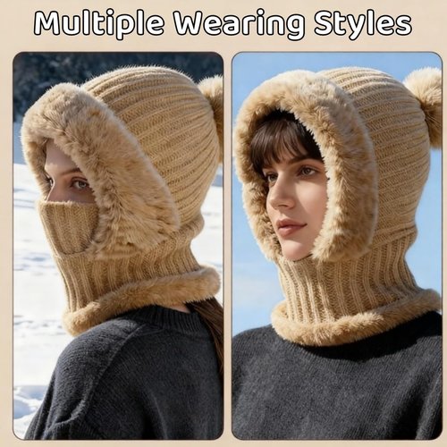 3-in-1 Beanie Hat with Scarf and Mask for Women, Upgraded Winter Warm Knitted Ski Set for Cold Weather Protection Khaki