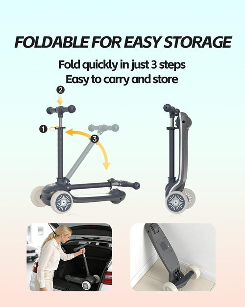 Kids Scooter, 3 Wheel Kick Scooter for Toddlers with Light Up Wheels, Lean-to-Steer Design, Adjustable Height Handlebar, Anti-Slip Deck, Ages 2–8(Black)