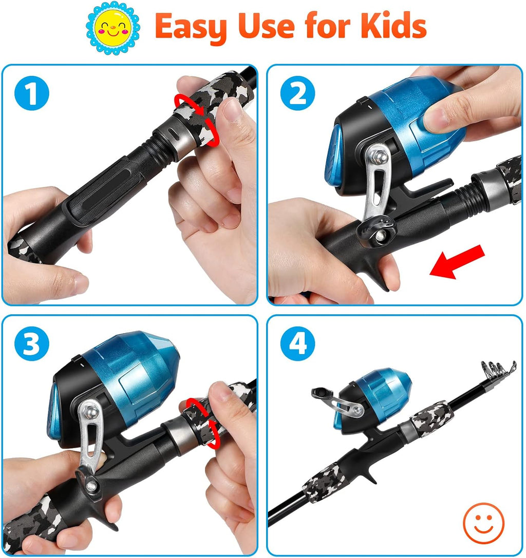 PLUSINNO Kids Fishing Pole - Telescopic Spincast Rod Combo for Boys, Girls & Adults - Complete Kit