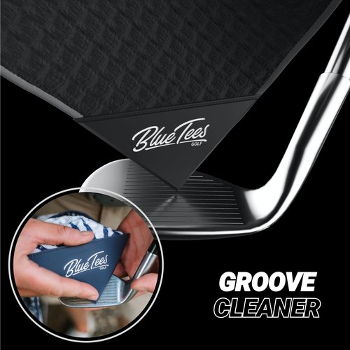 Blue Tees 4 in 1 Magnetic Golf Towel - Standard & Caddy Sizes - Silicone Brush - Groove Cleaner - Magnetic Golf Towels for Golf Bags - Strong Hold to Golf Carts or Clubs - Black - Standard 18"x18"