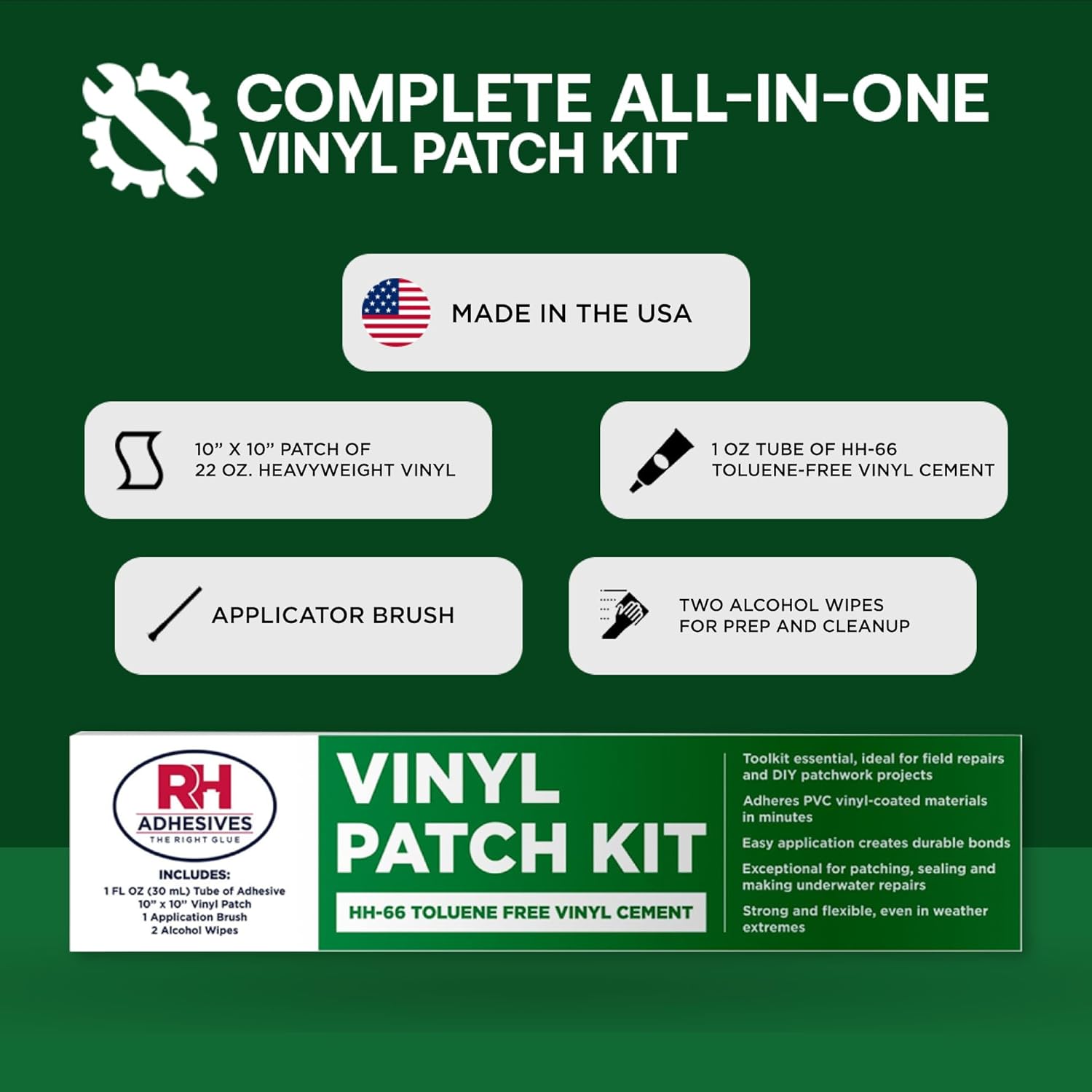 RH Adhesives Vinyl Patch Kit - 10" x 10" Reinforced Flexible PVC with HH-66 TF Vinyl Cement & Brush | Black