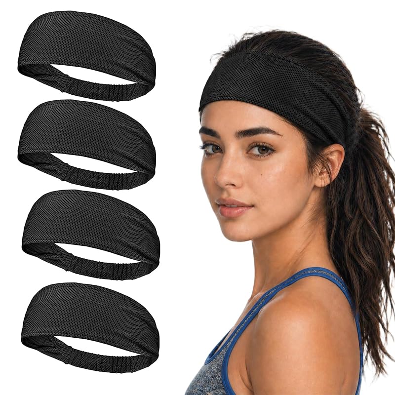 Cooling Headbands for Women 4 Pack - Non-Slip Sweat-Wicking Running & Workout Bands, Black Variation