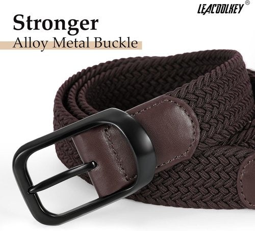 LEACOOLKEY Stretch Belts for Men - Elastic Woven Braided Casual Golf Belt | 2 Pack, 1 3/8" Width