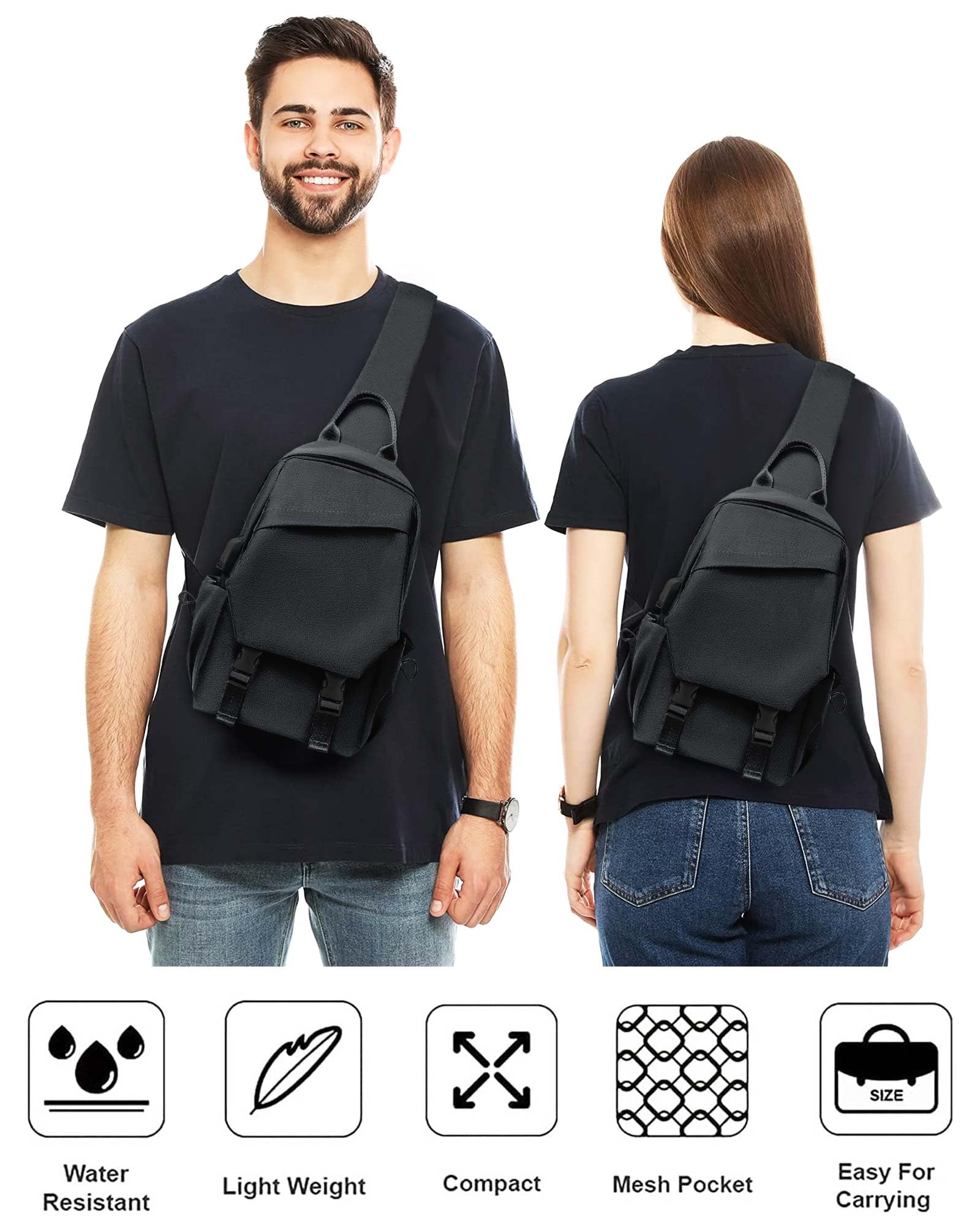 SEAFEW Black Sling Bag for Men Women, Mini Anti Theft One Strap Motorcycle Sling Backpack, Small Sling Chest Bag Daypack Crossbody Backpack for Casual Travel Hiking Gym Outdoor Sports