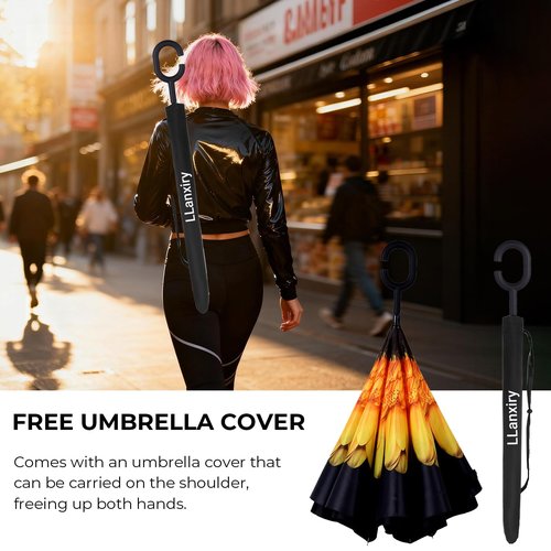 LLanxiry Inverted Umbrella, Windproof Reverse Umbrella with C‑Shaped Handle, Self-Standing, Double‑Layer Canopy for Car, Travel & Everyday Use