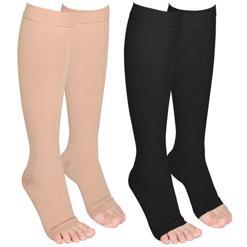 Wegitcs 2 Pairs Compression Socks for Women and Men,20-30mmHg Open Toe Compression Sock,Knee High Graduated Medical Compression Stockings,Best Support Socks for Varicose Veins(Beige&Black,Large)