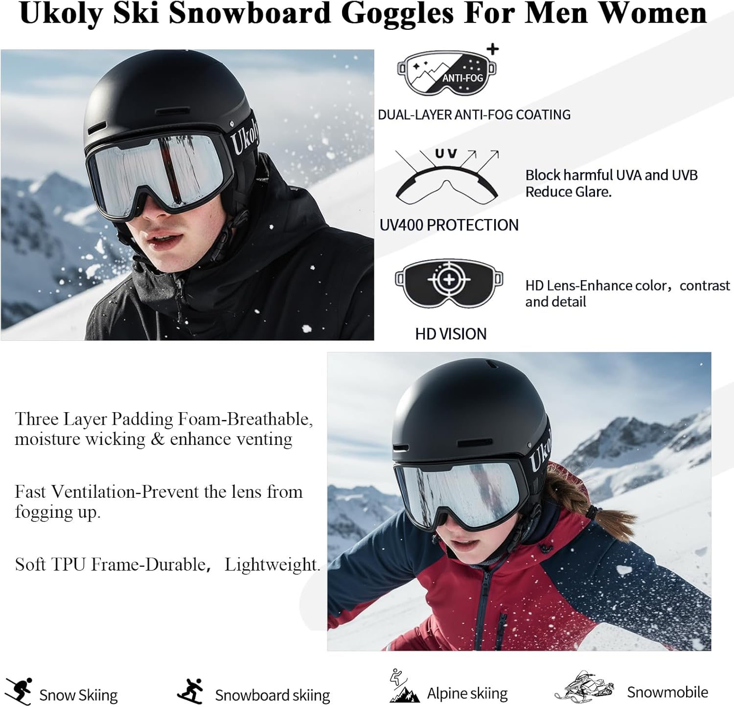 Ukoly Ski & Snowboard Goggles - HD Anti-Fog Lens, OTG Design, UV400 Protection | Windproof for Men & Women