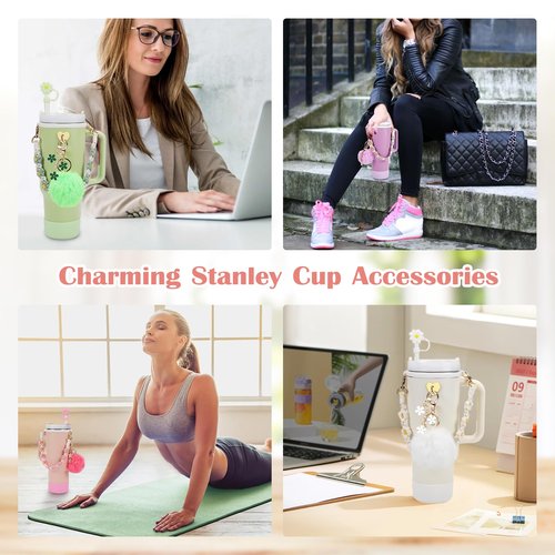 Stanley Cup Accessory Set: 7-Piece Bundle Including Straw Cover, Silicone Boot, Hand Strap, 4 Charms (Pink) for 40oz & 30oz Tumblers