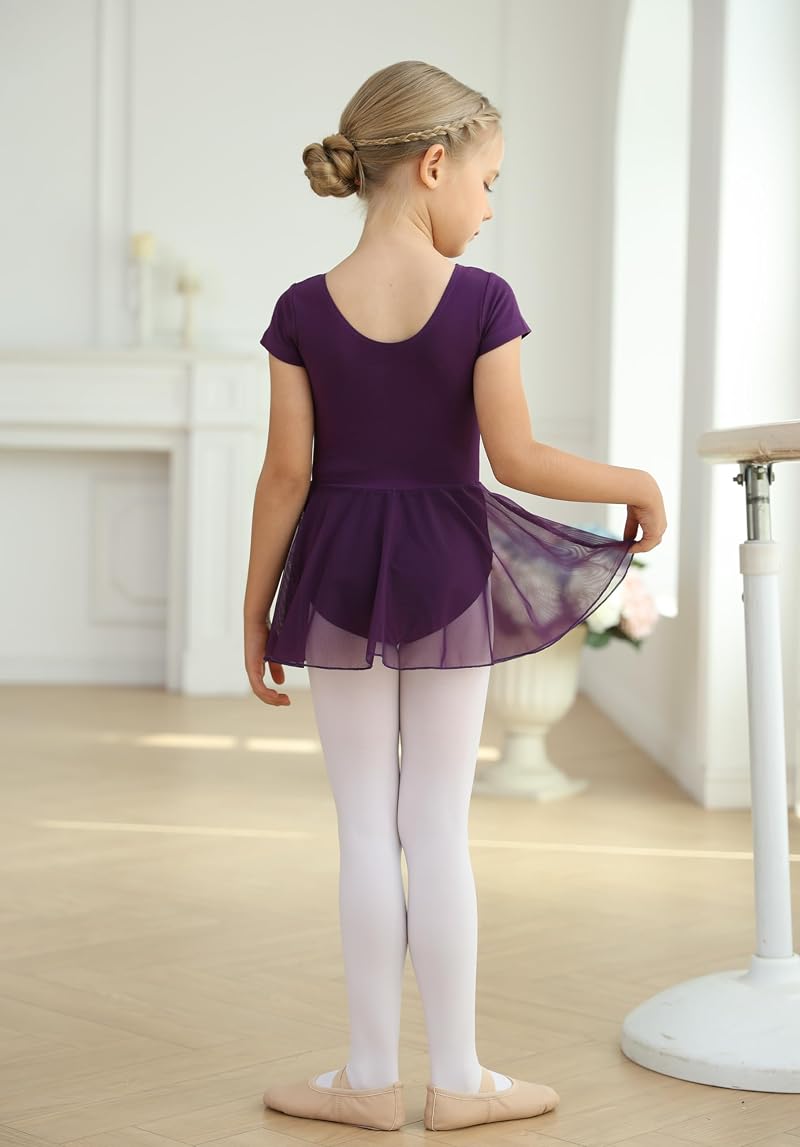 Deep Purple 6-8 Years Toddler Ballet Leotard with Skirt Set — Short Sleeve Dance Outfit