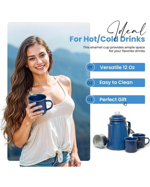 Toughty Enamel Coffee Percolator – 12-Cup Stovetop Camping Coffee Pot for Open Fire, Grill, or Gas Stove – Durable, Old-Fashioned Percolator with 2 Enamel Mugs for Outdoor Brewing - Blue