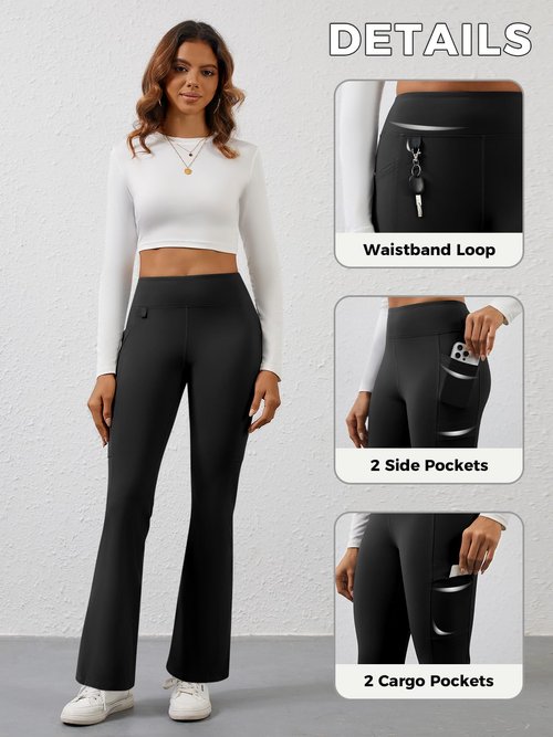 COPYLEAF Fleece Lined Leggings Women Winter Flare Thermal Leggings Water Resistant Hiking Cargo Snow Pants with 4 Pockets(Black M)