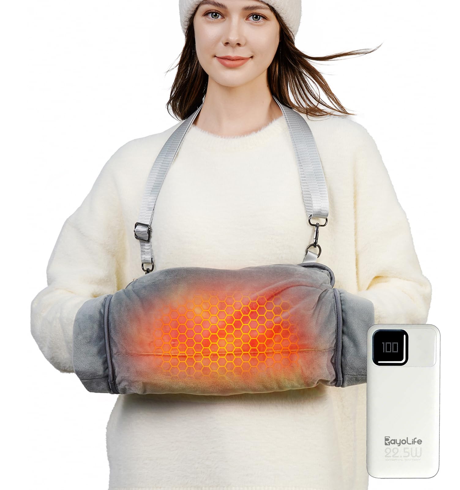 Rechargeable Hand Warmer Pouch with Far Infrared Heating Technology, Electric Heated Muff for Men & Women, Safe and Soft Fleece Hand Warmer with Cuffed Openings, Long Battery Life & Warming Comfort