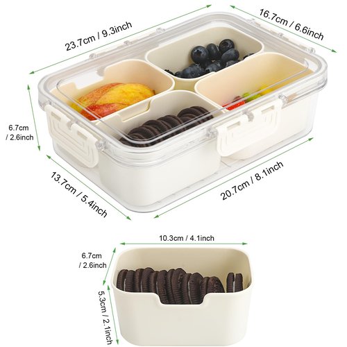 4 Compartment Snack Box Container Tray, Divided Serving Tray with Lid, Mini Small Snackle Box, Portable Charcuterie Container for Party, Picnic, Travel, Food Platter for Snack, Fruits, Veggies, 2 Pack