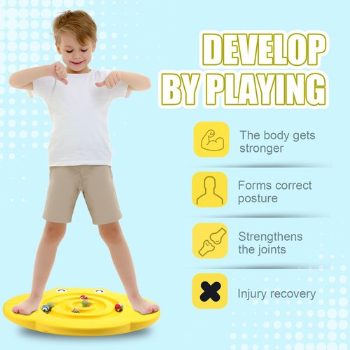 Seenelling Kids Maze Balance Board Plastic Wobble Rocker Balance Board with Mini Balls Load 170lb for Balancing Exercise Equipment Game Boys Girls Physical Therapy 18.5 x 14.57 Inch(Yellow,Cute)