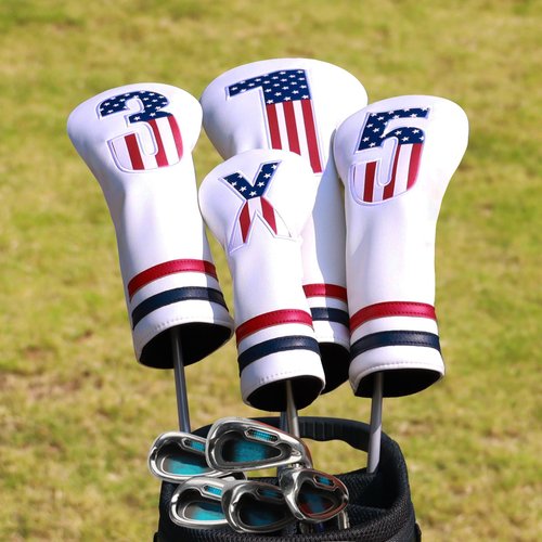 Golf Club Covers, 4pcs Premium PU Leather Golf Club Head Covers for Woods and Driver Fairway Hybrid, USA Flag Patriotic Golf Head Covers for Men and Women - Fits Most Golf Clubs(White)