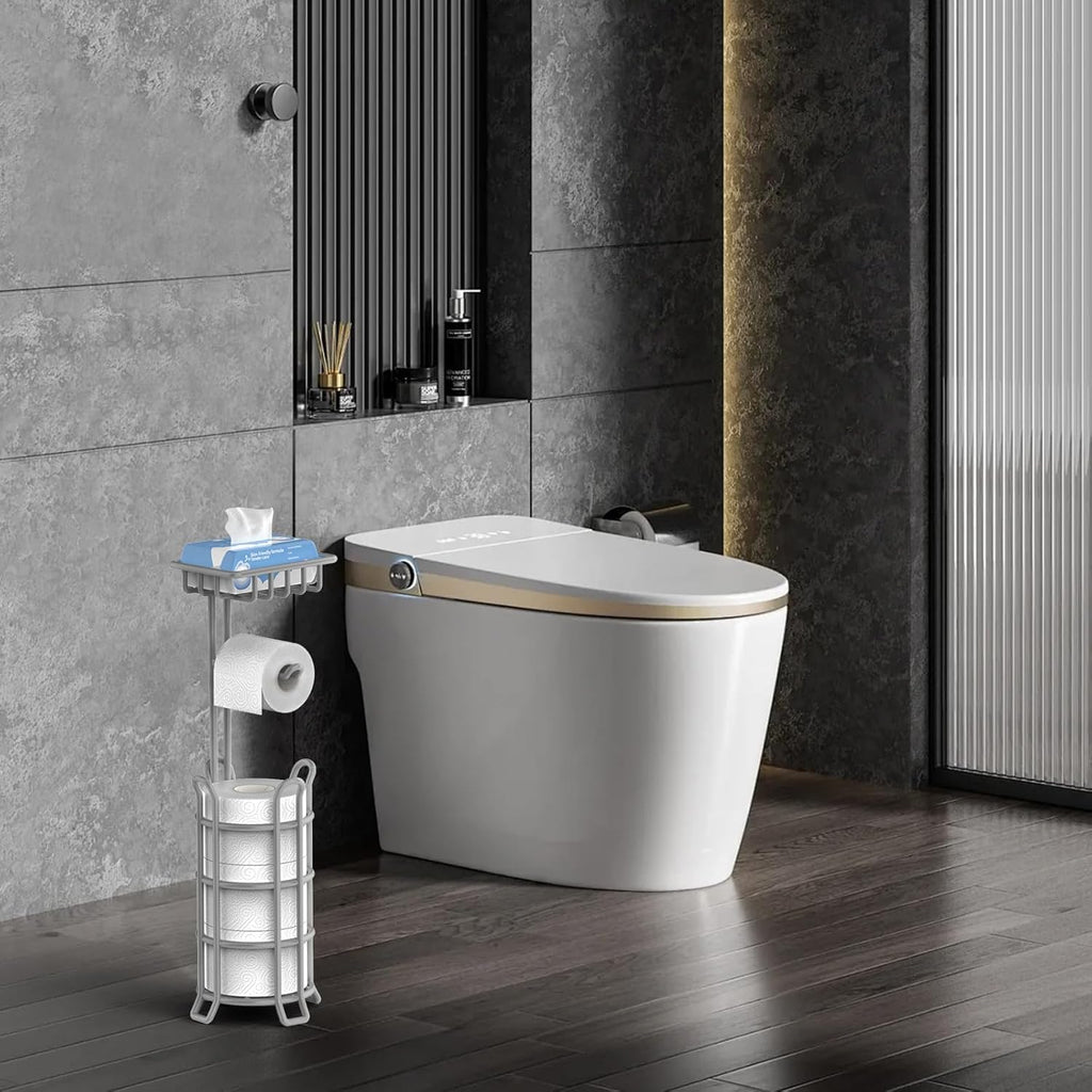 TomCare Toilet Paper Holder Stand - Free Standing Tissue Paper Dispenser with Storage Shelf | Metal Bathroom Organizer