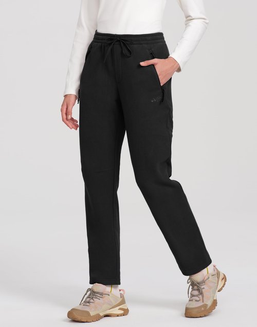 Pioneer Camp Women's Fleece Hiking Pants Lounge Straight Leg Sweatpants, Mid-Layer Winter Fleece Pants with Zipper Pockets, Black, L