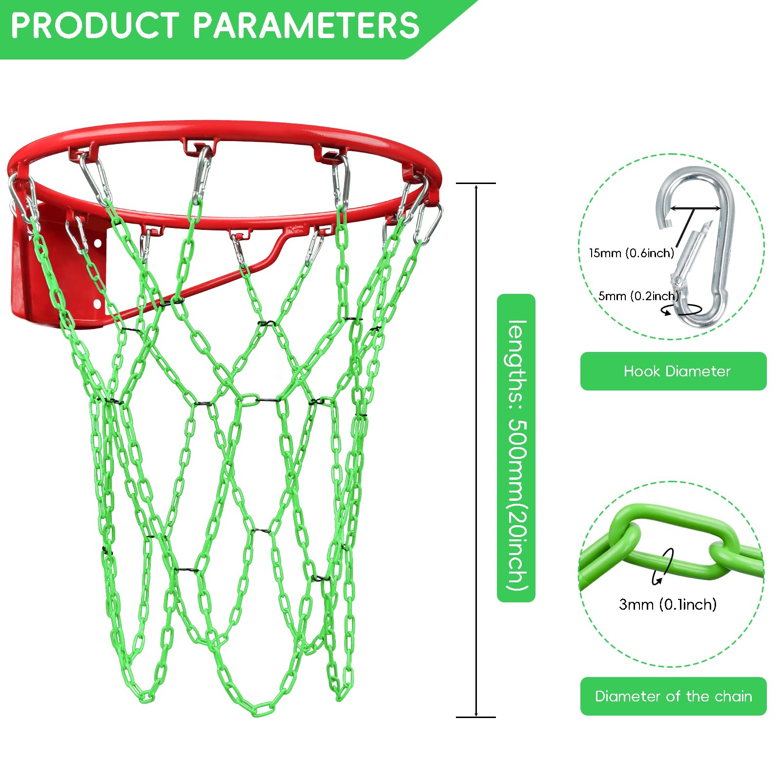 Chain Basketball Net Heavy Duty Replacement,Carbon Steel Basketball net, Anti-Rust Use Indoor Outdoor Standard 12 Loops Basketball Hoop,Green