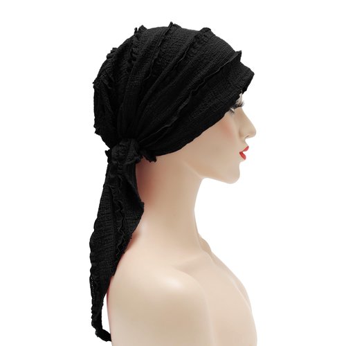 ZLYC Chemo Headwear Pre Tied Head Scarf Headwraps Lightweight Turban Beanie Cap for Women, Ruffle Black