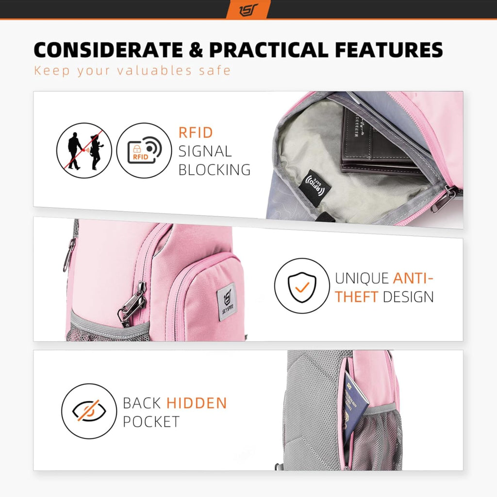 SKYSPER Sling Bag - RFID Crossbody Backpack for Travel & Hiking | Unisex Design in Pink