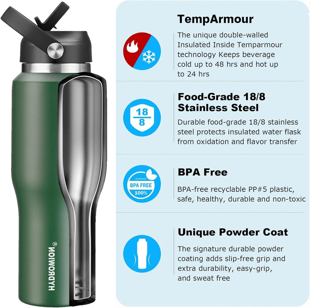 Skiennix 40 Oz Insulated Water Bottle - Leakproof Travel Mug with Straw Lid & Spout - Olive