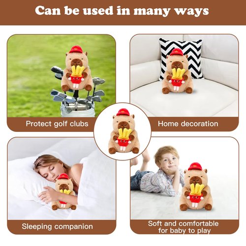 Capybara with Hat and French Fries Doll Golf Club Head Cover, Small Size Fits Hybird and Irons, Large Size Fits Standard 460cc Driver Head, Golf Driver Headcover Funny Plush Animals