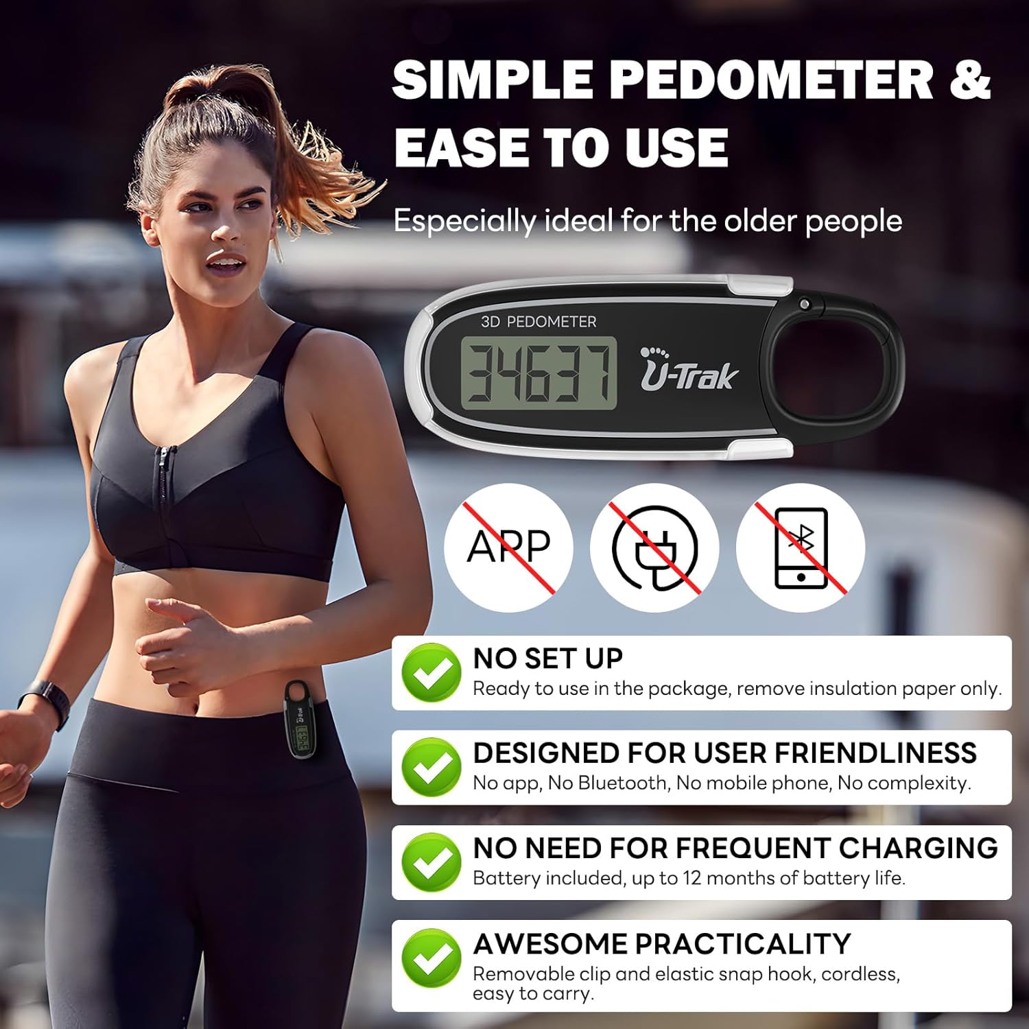 Skiennix 3D Pedometer - Accurate Clip-On Step Counter with Removable Clip & Carabiner for All Ages