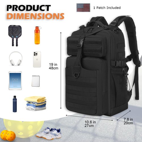 BISKLNDN Pickleball Backpack for Men and Women, Tactical Pickleball Paddle Bag with Molle System Design, Multi-Functional Pickleball Bag for Pickleball Lovers, Black