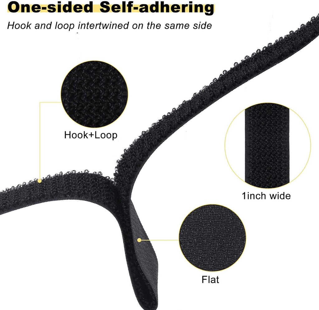 YMCRLUX Hook and Loop Straps - 1"x16ft Adjustable Fastening with 25 Metal Buckles | Black Nylon Storage Ties
