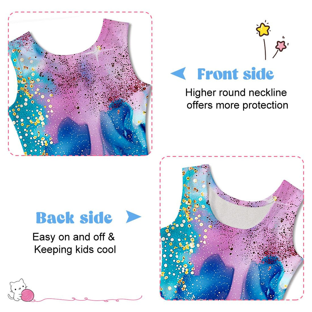 Funnycokid Gymnastics Leotards for Girls Dance Outfits Unitard Sparkly Clothes with Shorts, Diamond Blue Pink, 5-6 Years