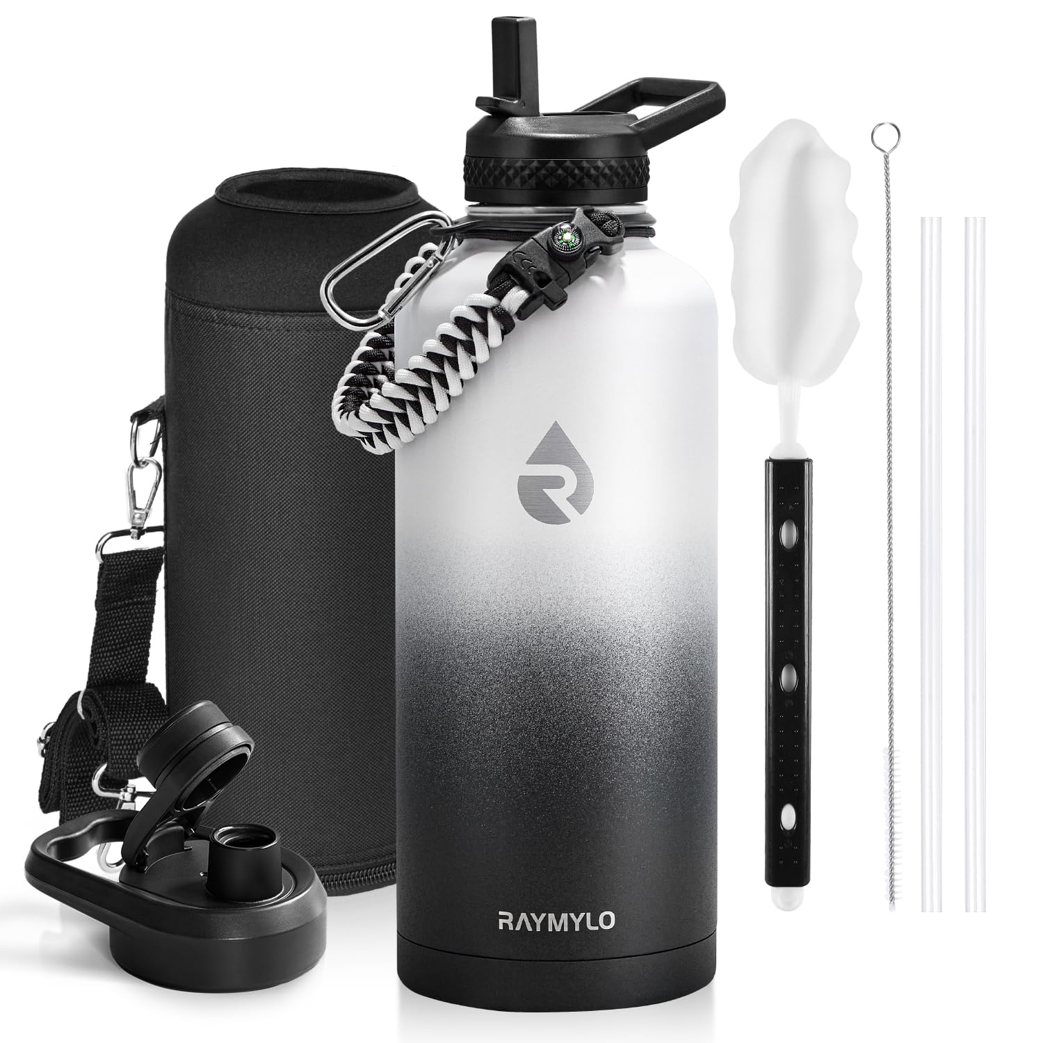 RAYMYLO Insulated Water Bottle 87 oz, Triple Wall Vacuum Stainless Steel (Cold for 48 Hrs), Leak Proof & Non-BPA, Modern Water Flask Jug with Paracord Handle & Straw Spout Lids, Ombre: White/Black