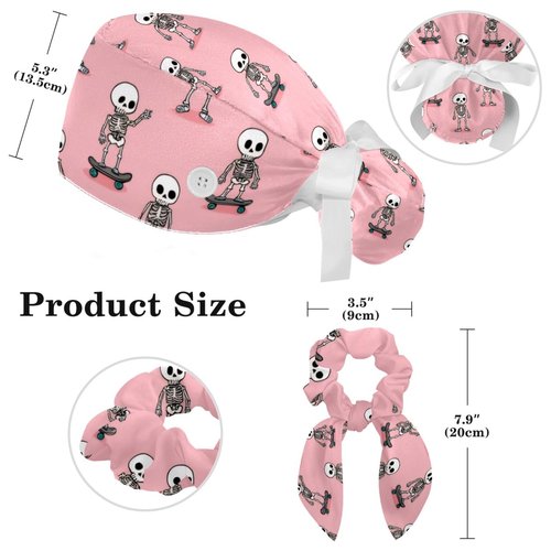Surgical Cap Bouffant Working Cap for Women, Skeleton Pink Pattern Scrub Caps Nurse Hat with Button Sweatband