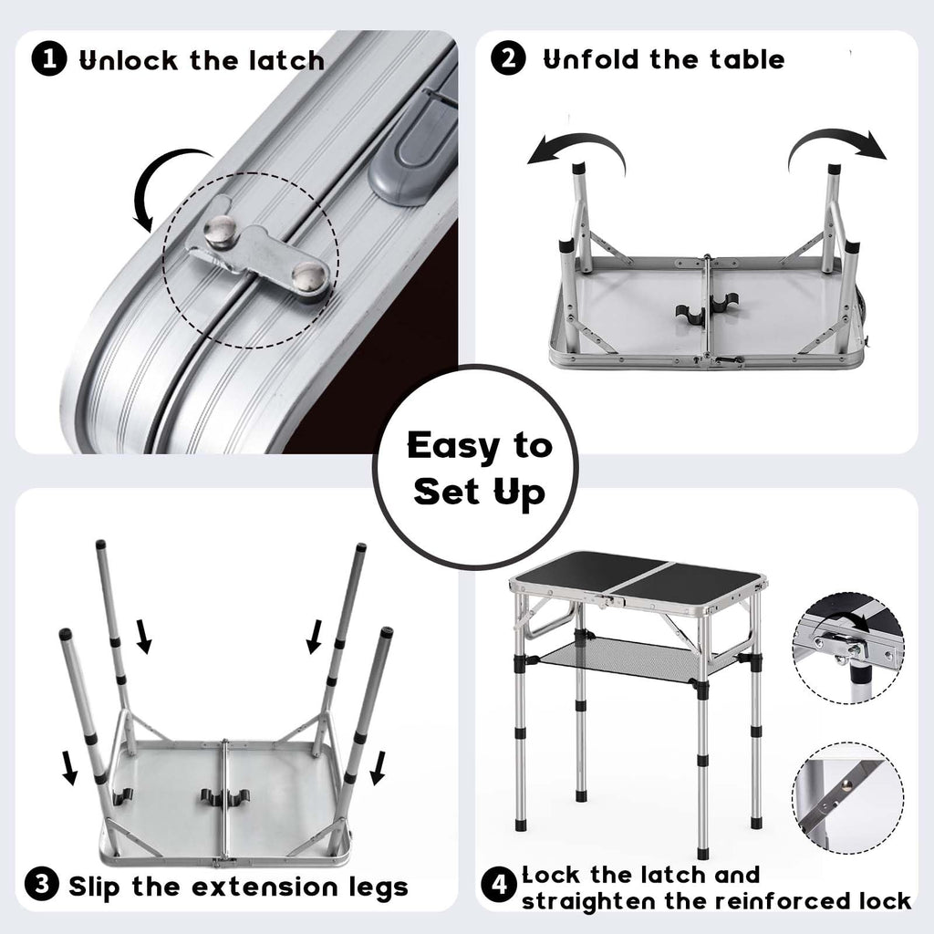 YihuiKo Small Folding Table, Aluminum 24" x 16" Adjustable Height Max 27.5" Folding Camping Table with Carrying Handle, Lightweight, Portable Camp Table for Outdoor Indoor Picnic Beach, Black