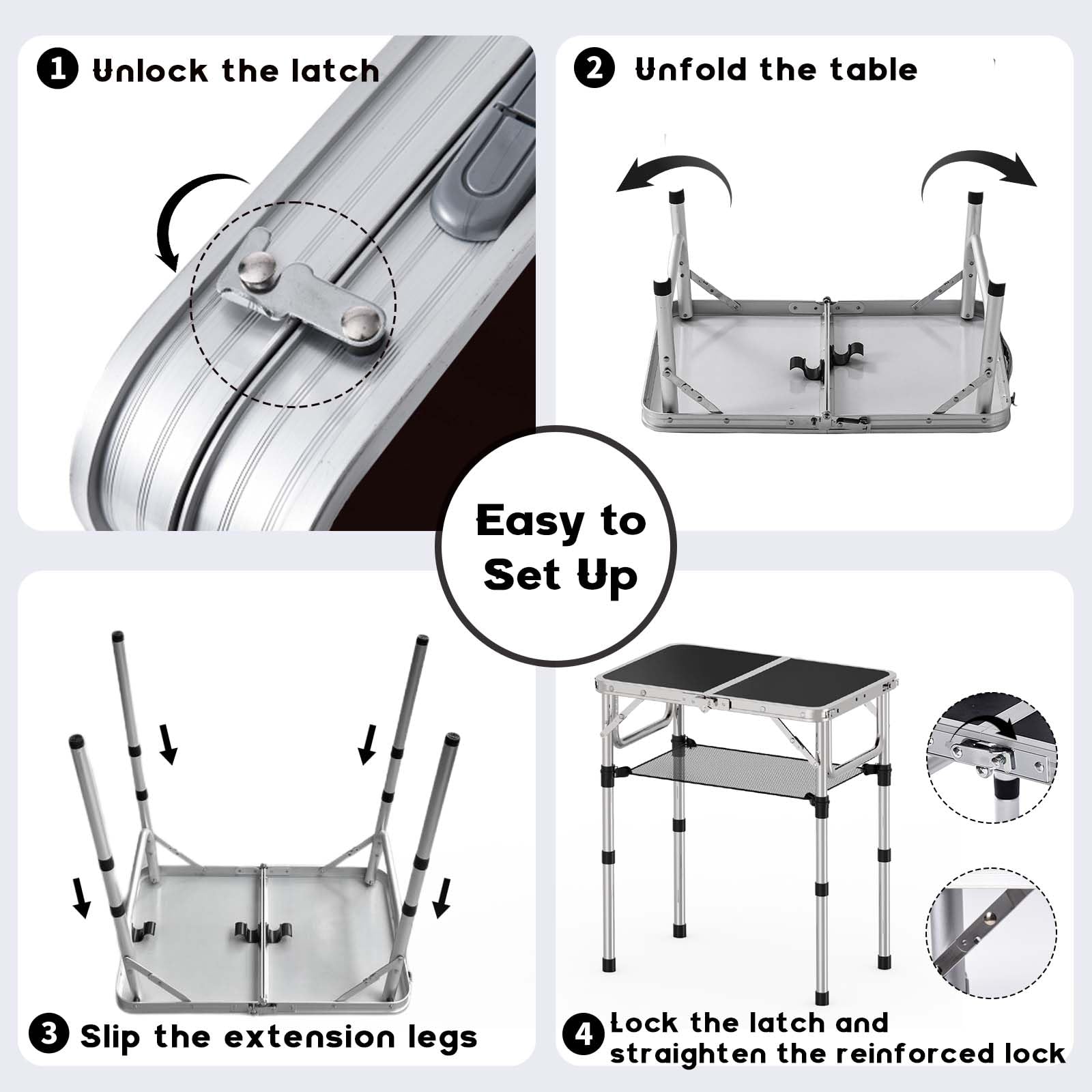 YihuiKo Small Folding Table, Aluminum 24" x 16" Adjustable Height Max 27.5" Folding Camping Table with Carrying Handle, Lightweight, Portable Camp Table for Outdoor Indoor Picnic Beach, Black