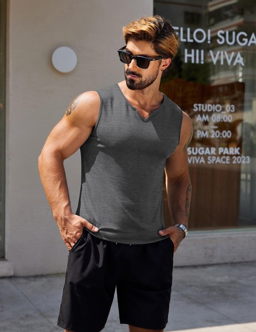 COOFANDY Men's 2 Pack Workout Tank Tops Summer V Neck Gym Muscle Tee Cotton Bodybuilding T Shirts,Black/Dark Gray,Small
