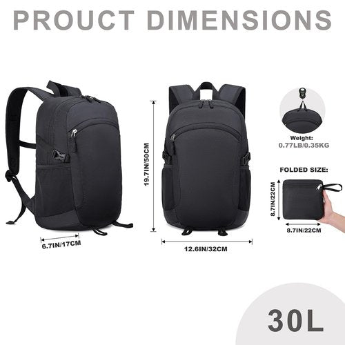 Five Substances Lightweight Hiking Backpack 30L Packable Foldable Daypack Collapsible Travel Bag Water-Resistant for Women Men (Black)