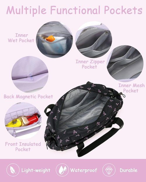 CAMTOP Gym Bag - Lightweight Duffle for Travel | Insulated & Wet Pocket | Medium Black Bow (16")