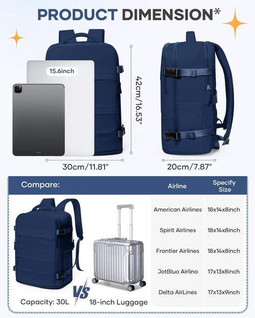 Coofay Travel Backpack - Versatile Carry-On Bag for Airplanes | Sapphire Blue, Ideal for Women and College Use