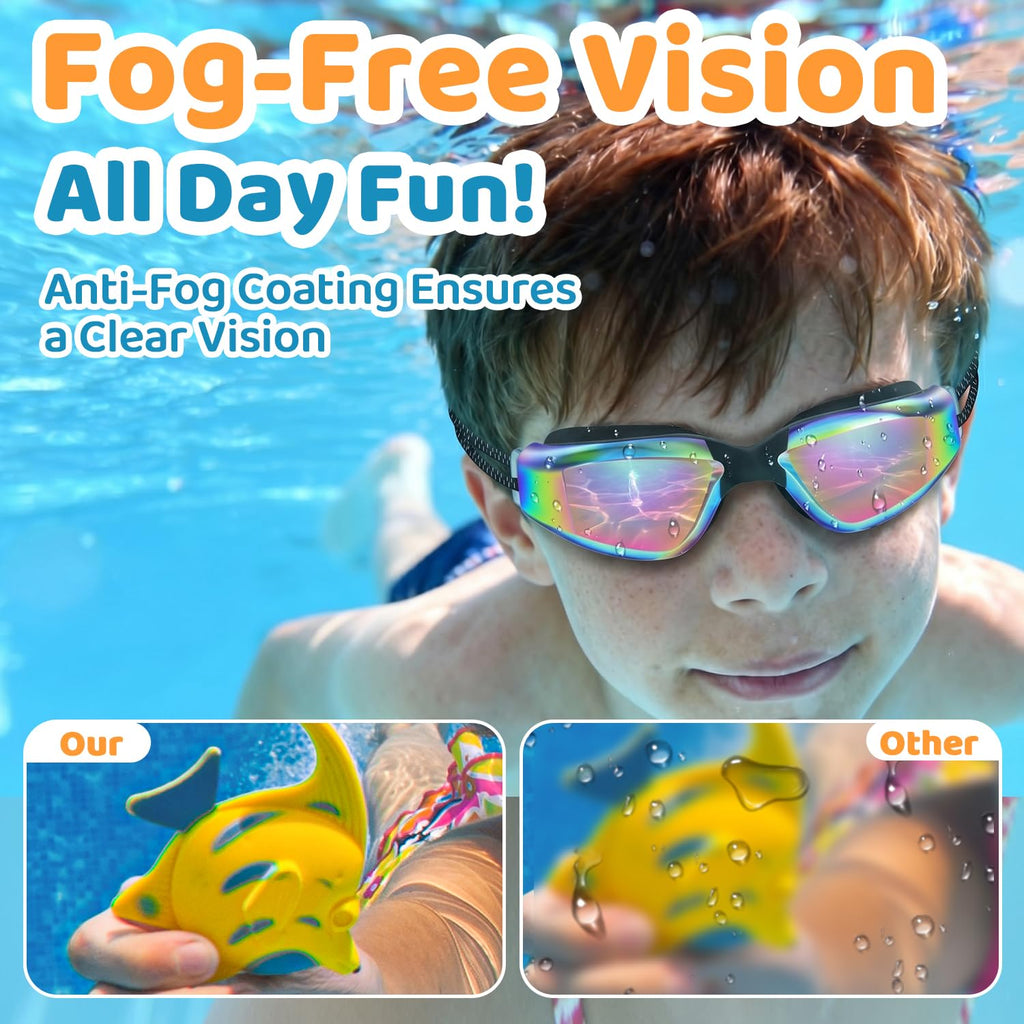Vvinca Goggles for Kids 6-14 with Bungee Strap 2pc, Toddler Kids Swim Goggles for Swimming 8-12 No Hair Pulling for Boys Girl