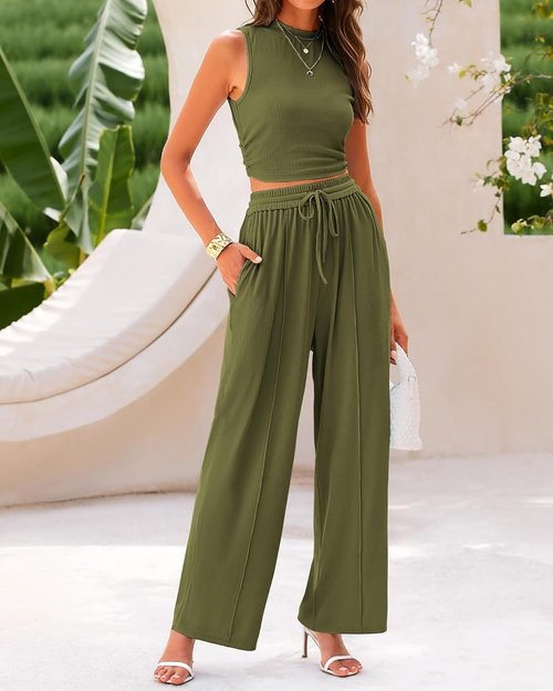 BTFBM Summer Outfits for Women - Cropped Sleeveless Tank & Wide Leg Pants Set | Beach Lounge Style