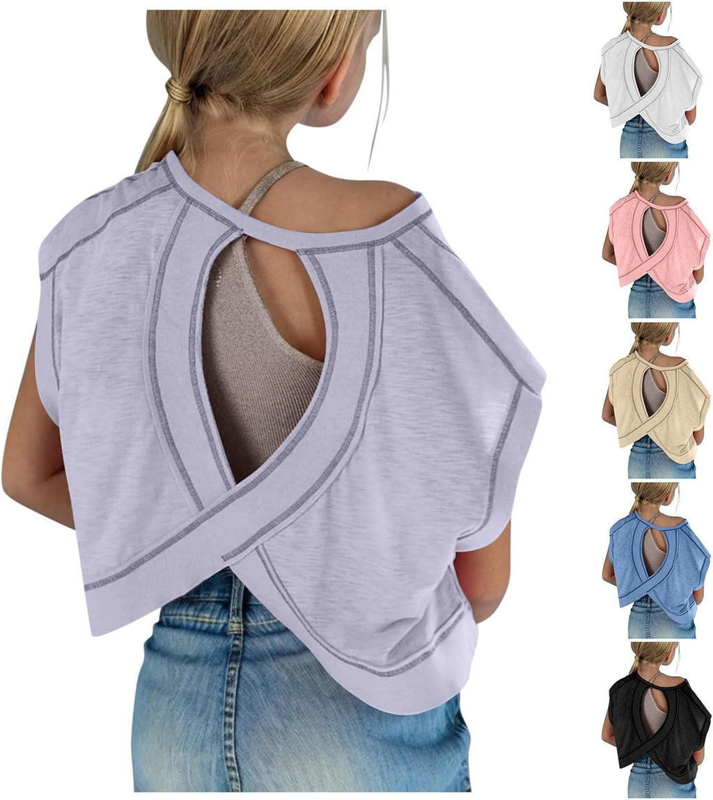 Skiennix Summer Tops for Kids - Fashionable Round Neck Short Sleeve Tees | Cute Casual Backless Design