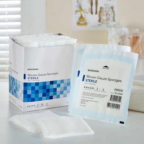 McKesson Sterile Woven Gauze Sponges - 8-Ply, 100% Cotton, 4" x 4", 50 Packs (100 Total)